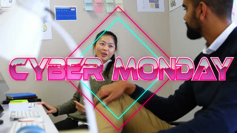 Animation-of-cyber-monday-text-and-squares-over-diverse-colleagues-talking-in-office