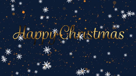 Animation-of-snowflakes-falling-over-happy-christmas-text-banner-and-yellow-spots-on-blue-background