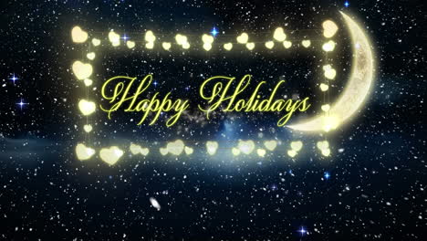 Animation-of-snow-falling-over-happy-holidays-text-over-fairy-lights-banner-against-night-sky