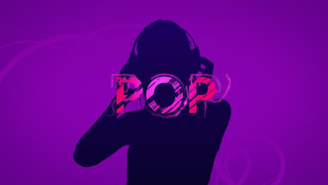 Animation-of-pop-text-over-silhouettes-of-dj-on-purple-background