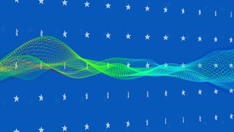 Animation-of-green-and-blue-floating-network-over-white-stars-turning-on-blue-backgound