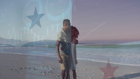 Animation-of-financial-data-processing-and-flag-of-panama-over-african-american-couple-at-beach