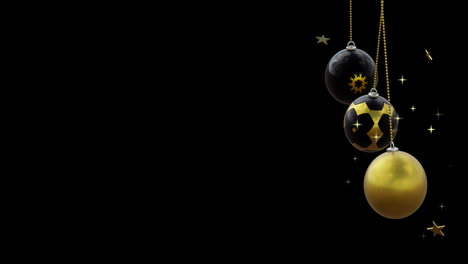Swinging-black-and-gold-christmas-baubles-and-stars-on-black-background,-copy-space