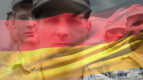 Animation-Der-Deutschen-Flagge-über-Verschiedenen-Männlichen-Soldaten