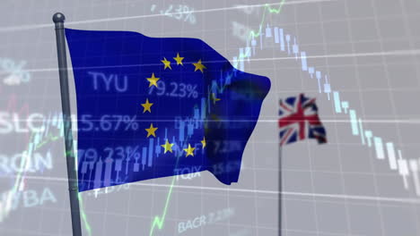 Animation-of-financial-data-processing-over-waving-uk-and-eu-flag-against-grey-background
