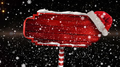 Animation-of-christmas-red-sign-with-copy-space,-snow-and-stars-falling-on-black-background
