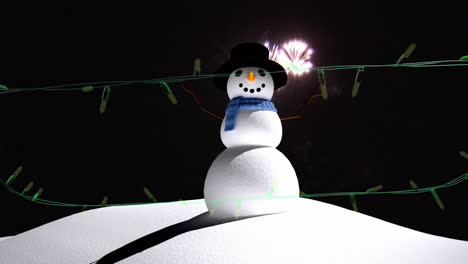 Animation-of-snowman-with-fairy-lights-on-black-background