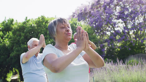Relaxed-diverse-group-of-seniors-practicing-yoga-meditation-in-garden,-slow-motion