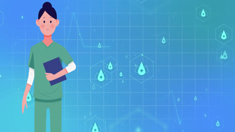 Animation-of-medical-icons-and-female-nurse-on-blue-background
