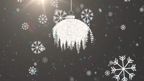 Animation-of-snowflakes-falling-over-hanging-bauble-decoration-and-light-spot-on-grey-background