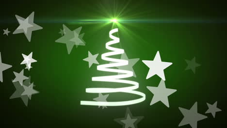Animation-Von-Lichtpunkten-Und-Sternen,-Die-über-Einem-Band-Schweben-Und-Einen-Weihnachtsbaum-Auf-Grünem-Hintergrund-Bilden