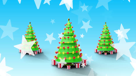 Animation-of-stars-over-christmas-trees-on-blue-background