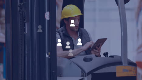 Animation-of-profile-icons-over-caucasian-male-worker-using-tablet-sitting-in-forklift-at-warehouse