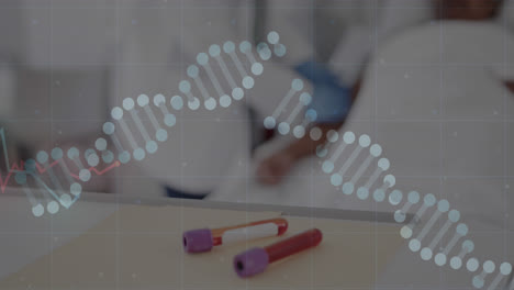 Animation-Von-DNA-Strängen-Und-Diagramm-über-Reagenzgläsern-Und-Verschiedenen-Patienten-Im-Bett-Und-Arzt