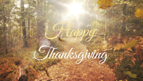 Animation-of-happy-thanksgiving-text-banner-over-maple-leaves-falling-against-forest-park