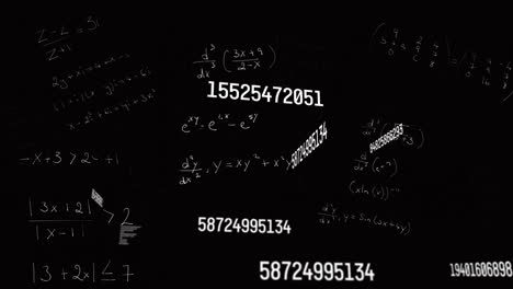 Animation-of-changing-numbers-and-mathematical-equations-floating-against-black-background