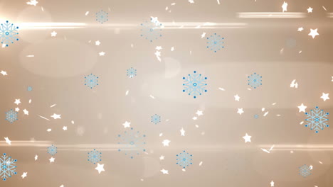 Animation-of-snowflakes-and-stars-with-lens-flares-over-abstract-background