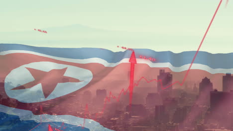 Animation-Von-Roten-Pfeilen-Und-Der-Flagge-Nordkoreas-über-Der-Stadt