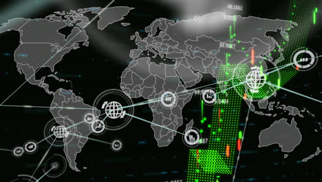 Animation-Eines-Netzwerks-Digitaler-Symbole-Und-Der-Verarbeitung-Finanzieller-Daten-Vor-Einer-Weltkarte