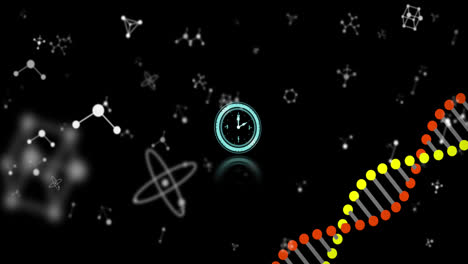 Animation-Einer-Beleuchteten-Digitaluhr-Und-Einer-DNA-Helix-über-Nukleotiden-Vor-Schwarzem-Hintergrund