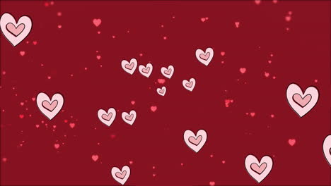 Animation-of-white-heart-icons-moving-over-red-background