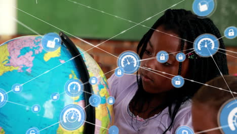 Animation-of-network-of-digital-icons-over-diverse-girls-studying-globe-in-geography-class-at-school