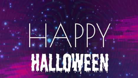 Animation-of-happy-halloween-text-banner-over-pink-light-trails-and-glowing-blue-spots