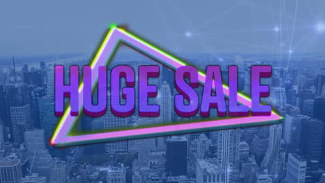 Animation-of-huge-sale-text-and-neon-triangle-over-cityscape