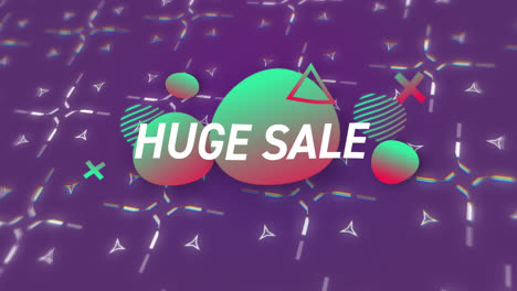 Animation-of-huge-sale-over-violet-background-with-rotating-white-shapes