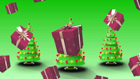 Animation-of-presents-over-christmas-trees-on-green-background