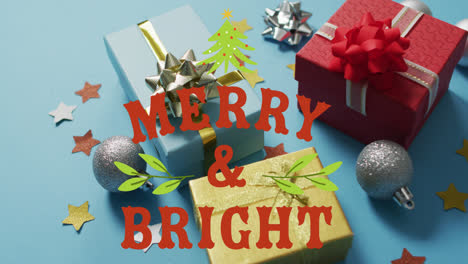 Animation-of-merry-and-bright-text-over-christmas-decorations