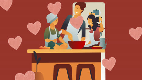 Animation-of-family-cooking-icons-and-hearts-on-red-background