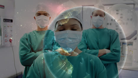 Animation-of-globe-over-diverse-surgeons-with-face-masks
