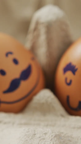 Video-of-close-up-of-two-brown-eggs-with-drawn-faces-in-egg-carton-background