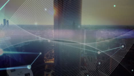 Animation-Des-Verbindungsnetzes-Und-Der-Lichtwege-Im-Vergleich-Zur-Luftaufnahme-Des-Stadtbildes