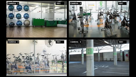 Four-security-camera-views-of-gym-exercise-room-interiors,-equipment-and-carpark,-slow-motion