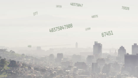 Animation-of-changing-numbers-over-aerial-view-of-modern-city-against-sky