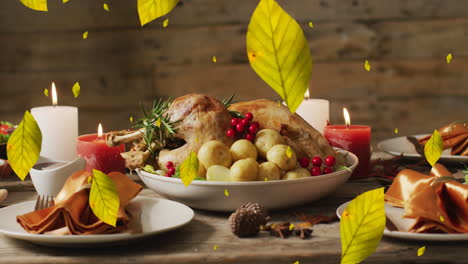 Animation-Von-Herbstblättern-Vor-Dem-Hintergrund-Des-Thanksgiving-Dinners