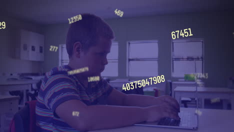 Animation-of-multiple-changing-numbers-against-caucasian-boy-using-laptop-in-class-at-school