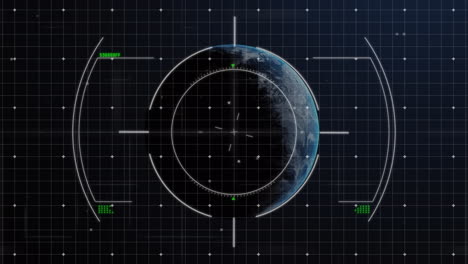 Animation-Des-Zielfernrohr-Scannens-über-Einem-Sich-Drehenden-Globus-Und-Der-Datenverarbeitung-Vor-Schwarzem-Hintergrund