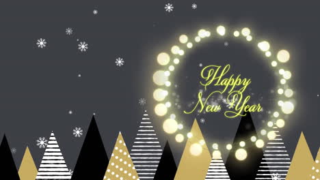 Animation-of-happy-new-year-text-in-illuminated-wreath-and-snow-falling-on-trees