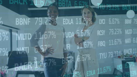 Animation-of-stock-market-data-processing-against-portrait-of-two-diverse-women-smiling-at-office
