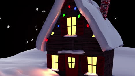 Animation-of-stars-floating-over-house-on-winter-landscape-against-black-background