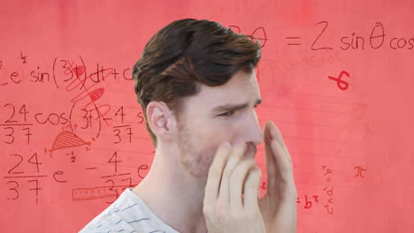 Animation-of-stressed-caucasian-male-student-over-maths-equations-and-geometry-on-pink-paper
