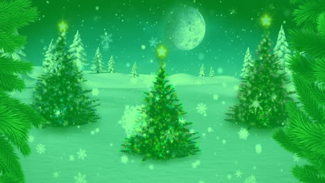 Animation-Von-Weihnachtsbäumen-Und-Fallendem-Schnee-Auf-Grünem-Hintergrund