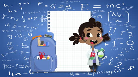 Animation-Eines-Schulmädchens,-Eines-Rucksacks-Und-Eines-Leeren-Blattes-Papier-über-Mathematischen-Gleichungen-Auf-Blauem-Hintergrund