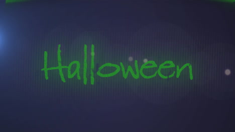 Animation-of-halloween-text-banner-over-spots-of-light-against-blue-background
