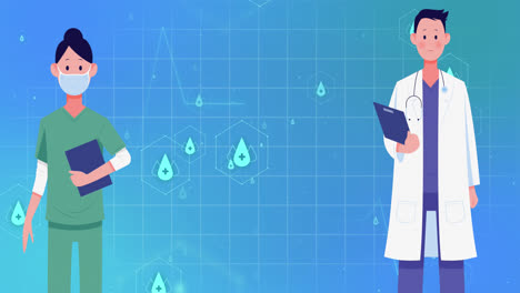 Animation-of-medical-icons-and-nurse-with-doctor-on-blue-background
