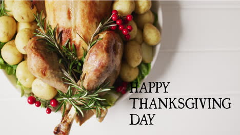 Animation-of-happy-thanksgiving-day-over-dinner-on-white-background