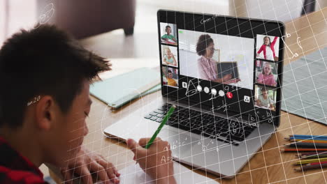 Animation-of-mathematical-equations-over-asian-boy-having-a-video-conference-on-laptop-at-home